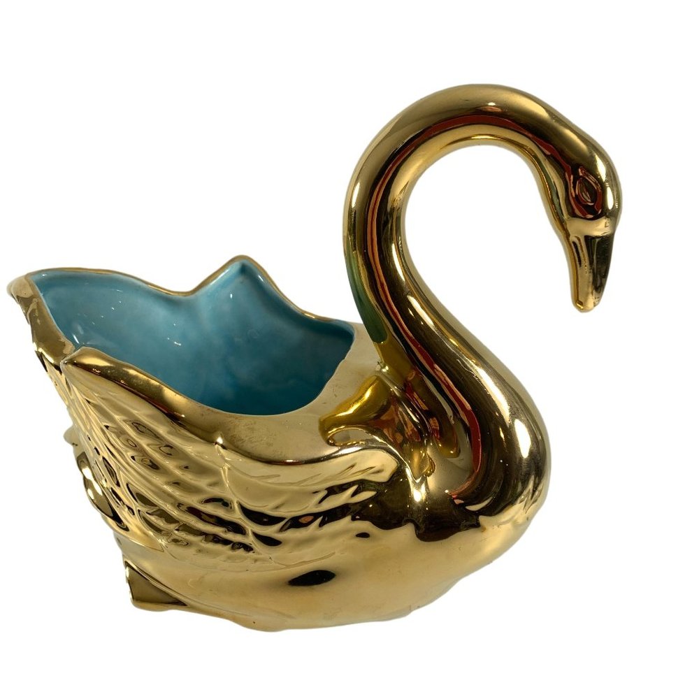 Vintage Fultons Mid Century Modern Swan Ceramic Gold Aqua Bowl Trinket Dish 8"
